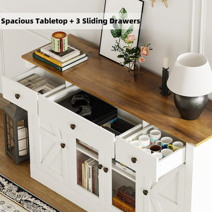 4 EVER WINNER 55" Large Buffet Cabinet with Storage, Coffee Bar Cabinet with 4 Doors and 3 Drawers, Kitchen Cabinet with Plexiglass Doors for Living Room, White