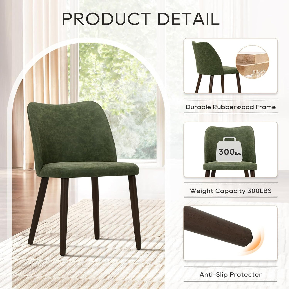 COLAMY Upholstered Dining Chairs Set of 6, Modern PU Leather Dining Room Kitchen Side Chair with Padded Seat and Wood Legs Restaurant/Cafe, Green