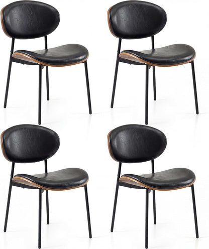 BedsPick Mid-Century Modern Dining Chairs Set of 4, PU Leather Upholstered Dining Room Chairs with Walnut Grain Back, Bentwood Kitchen Chairs with Adjustable Feetpads for Dining Room, Kitchen, Black