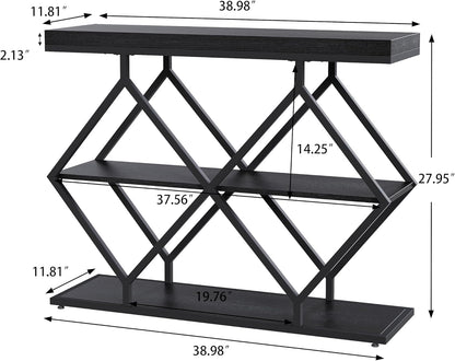 Garvee 3 Tier Console Table with Open Wood Shelves,39" Industrial Entryway Table,Sofa Table,Narrow Wood Accent Tables with Metal Frame for Hallway,Living Room,Behind Couch,Foyer,Entrance,Black