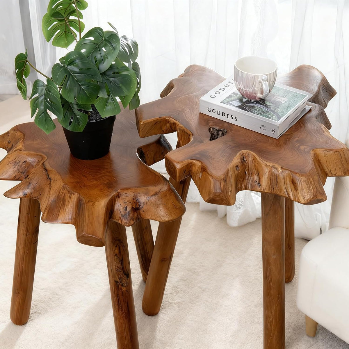 Natural Teak Wood Live Edge Side Table with Wood Legs – Rustic Side Table for Living Room, Bedroom – Sturdy Real Teak Wood End Table, Easy to Assemble (14"x16"x20" +18"x20"x20")