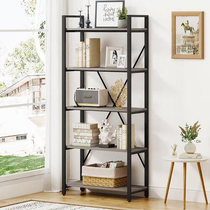 Industrial Bookshelf, Etagere Bookcases and Book Shelf 5 Tier Shelves, Grey Wood and Metal Shelving Unit (Dark Gray Oak)