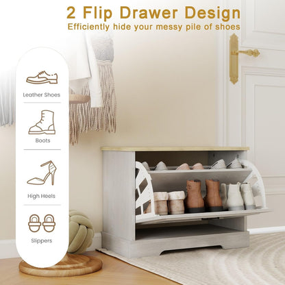 Antique Shoe Storage Bench Small Shoe Cabinet for Entryway, Hallway, Bedroom, with Flip Drawer & Adjustable Shelf, with Ventilation, MDF Wood, White, 23.6" L x 11.8" W x 17.7" H