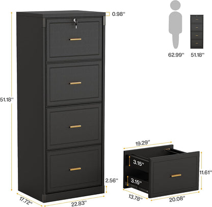 Tribesigns 4 Drawer File Cabinet with Lock, Filing Cabinets for Home Office | Vertical Wooden File Cabinet with Key, Modern Style, Tall Office Storage Cabinet for Legal Size/Letter/A4/Files, Black