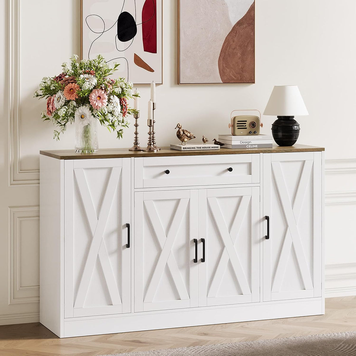 Buffet Cabinet with Storage, 55" Large Sideboard Storage Cabinet with Drawer, 4 Doors and Shelves, Modern Farmhouse Coffee Bar Table Kitchen Island Credenza for Kitchen, Entryway, Dining, Living Room