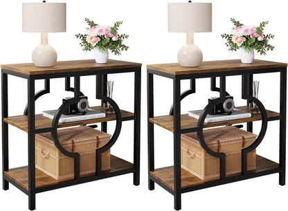 End Table Set of 2, Narrow Side Table with 3-Tier Storage Shelves, Wood Sofa Side Table with Geometric Metal Frame for Living Room, Industrial Bedside Nightstand for Bedroom (Brown)