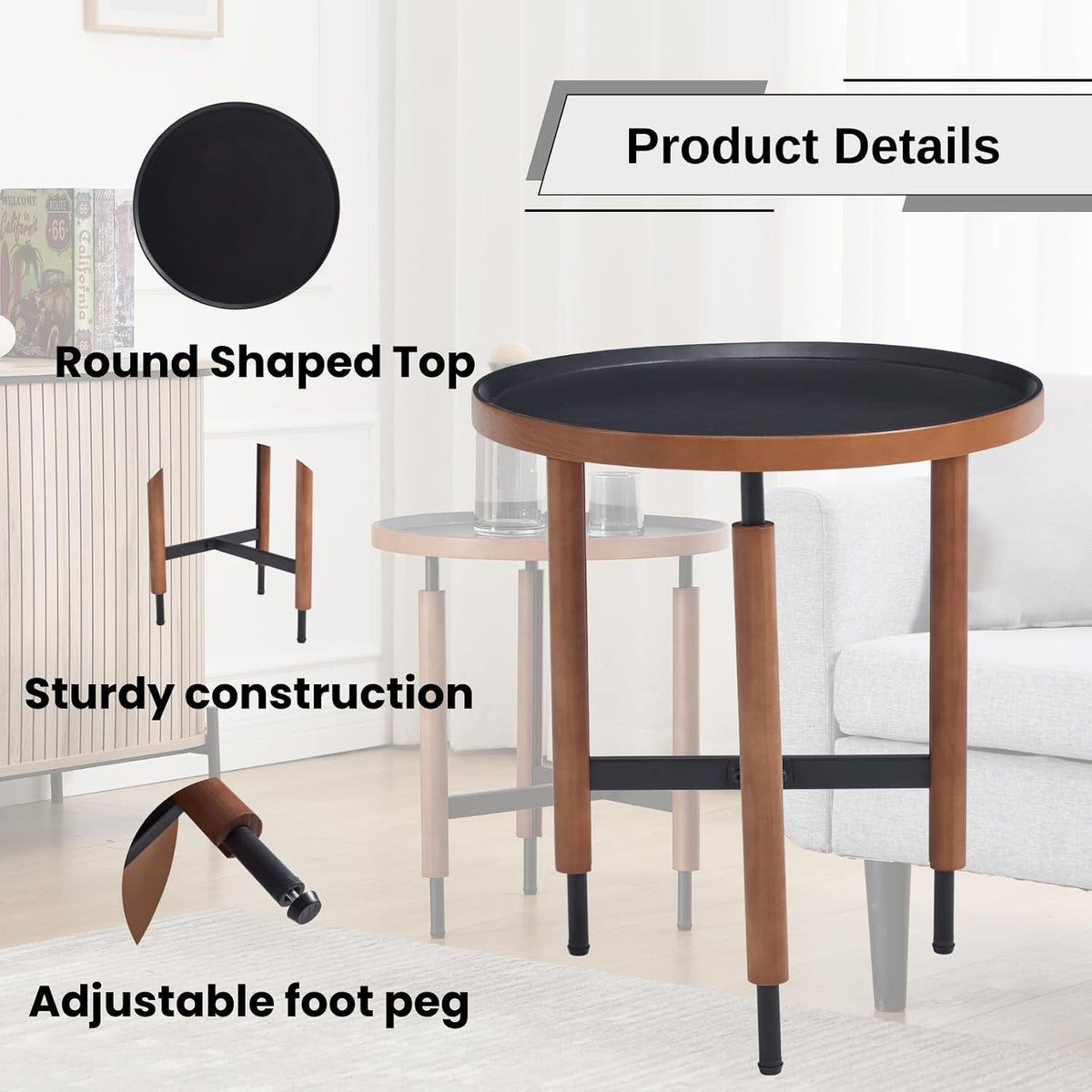DUOMAY Modern Round Wood Side Table, 19.5'' Wide End Table with T-Shaped Metal Base, Round Tubular Iron Legs Covered with Rubber Wood for Living Room, Lounge, Office, Apartment, Black