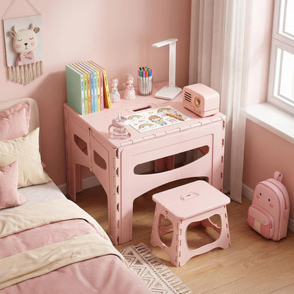 3 Piece Kids Foldable Table and Chairs Set, Toddlers Drawing Activity Desk, | Portable Picnic Table, Easy-Fold Pinch-Free Children's Furniture for Arts Toys Snacks and Indoor Outdoor Use Pink