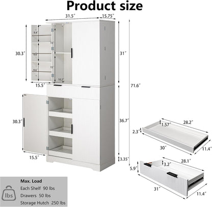 Tall Freestanding Pantry with Grooved Doors – MDF Storage Unit with 3 Pull-Out Drawers and 6 Spice Racks for Kitchen, Entryway, or Dining Room (White)
