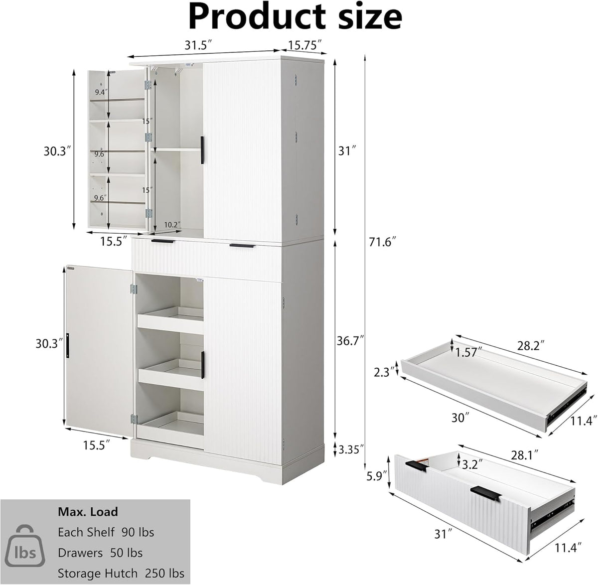 Modern Kitchen Pantry Cabinet, 71" Height Tall Freestanding Cupboard with a Drawer,3 Sliding Rack,6 Hanging Shelves,Fluted Kitchen Organizer Storage Cabinet for Dining Room Living Room (White-1)