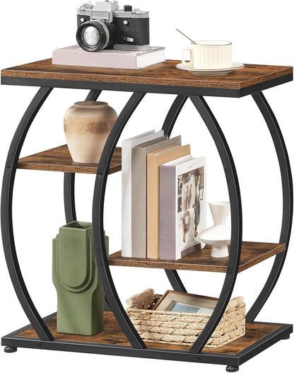 HOOBRO Industrial End Table, 4 Tier End Table with Storage Shelves, Small Side Table with Geometric Metal Frame, Night Stand for Living Room, Bedroom, Office, Rustic Brown and Black BF164BZ01
