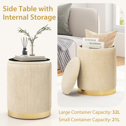 GIANTEX Ottoman with Storage, 1 Large & 1 Small Nesting Ottoman Side Table | Set of 2 Storage Ottomans, Upholstered Velvet/Linen Round Foot Rest Vanity Stool for Bedroom Living Room, Beige & Golden