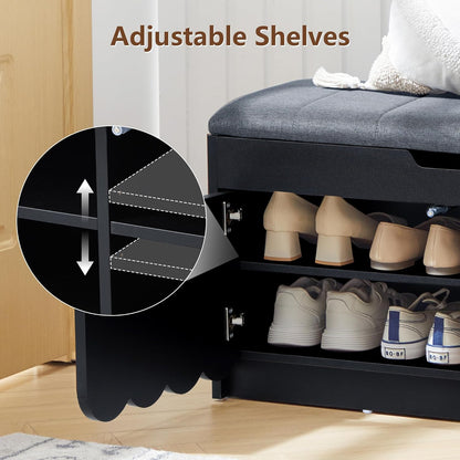 ORRD Shoe Storage Bench with Cushion, Entryway Shoe Cabinet Bench with 2 Scalloped Doors & Adjustable Shelf, 2-Tier Shoe Rack Organizer Cabine for Entryway, Hallway, Living Room (Black)