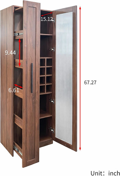 ZeHuoGe Kitchen Pantry Cabinet with Multi-Functional Pull-Out Multi-Tier Storage Shelf,Farmhouse Storage Cabinet with Glass Doors,Pantry Organizers for Kitchen, bar Cabinet,Dining Room
