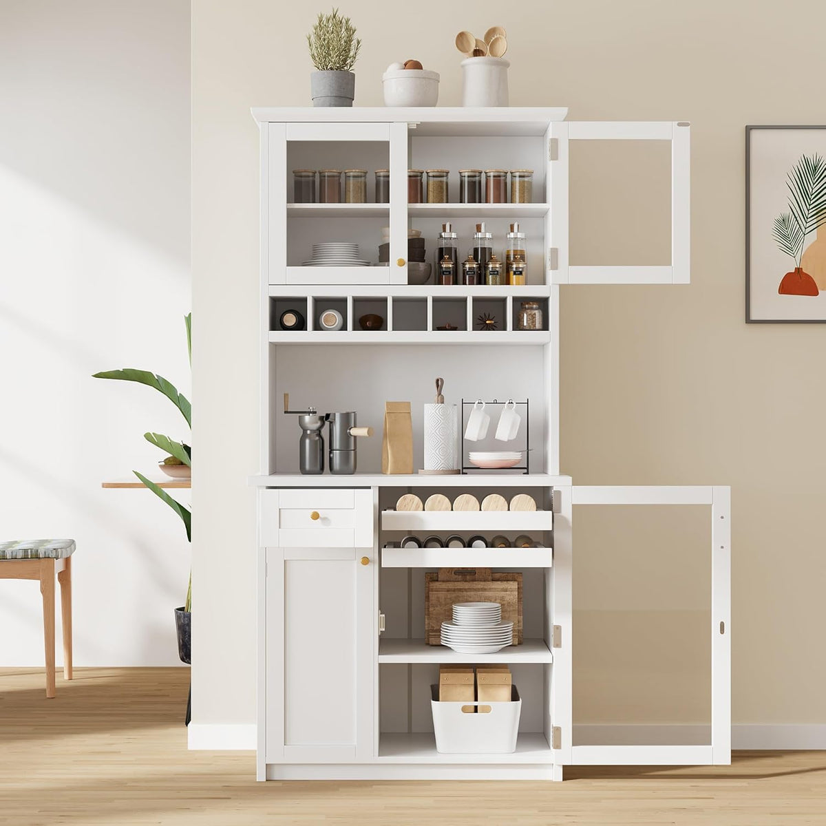 roomfitters Farmhouse Kitchen Pantry Buffet Hutch with Wine Rack and Glass Doors, Tall Storage Cabinet, White