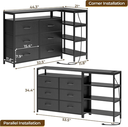 HAUOMS TV Stand for 60 Inch TV,LED Entertainment Center,Black | L Shaped Convertible Dresser with with Power Outlets & Open Shelf,6 Drawers with PU Finish,for Living Room,Bedroom