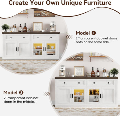 63'' Sideboard Buffet Cabinet with Storage, Modern Credenza with Outlets & LED Light, 2 Drawers, 4 Doors, Adjustable Shelves, Coffee Bar Cabinet for Kitchen Living Room, Antique White