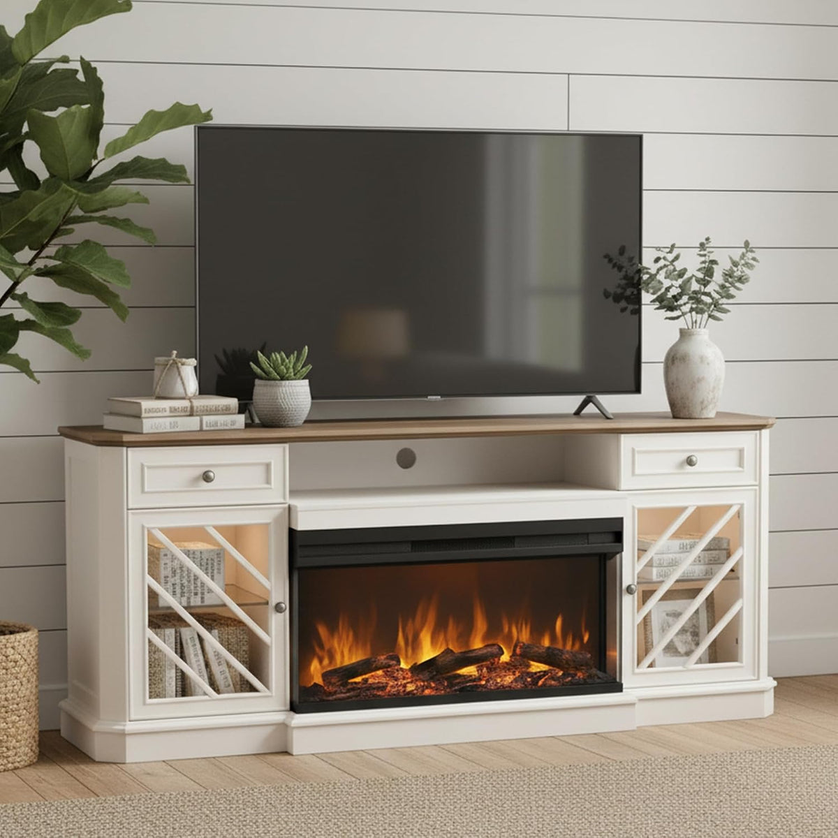 T4TREAM Farmhouse 3-Sided 75'' Electric Fireplace TV Stand, 32'' Tall Modern Highboy Entertainment Center with 36" Fireplace, Media Console Table with LED Lights for Living Room, Antique White