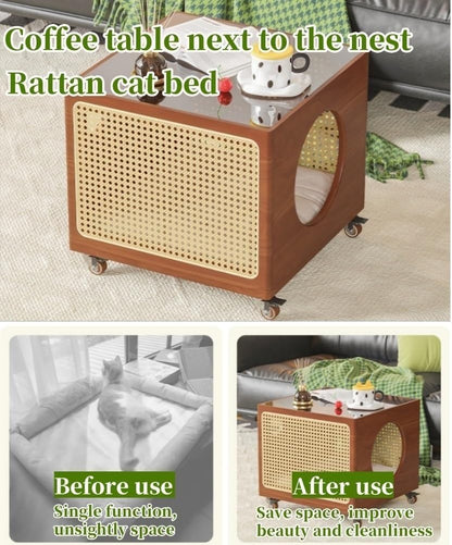 2-in-1 Cat Coffee Table Wood Rattan Side Cabinet with Glass Top Wheels Shared Pet-Human Furniture for Living Room Room Long-Lasting