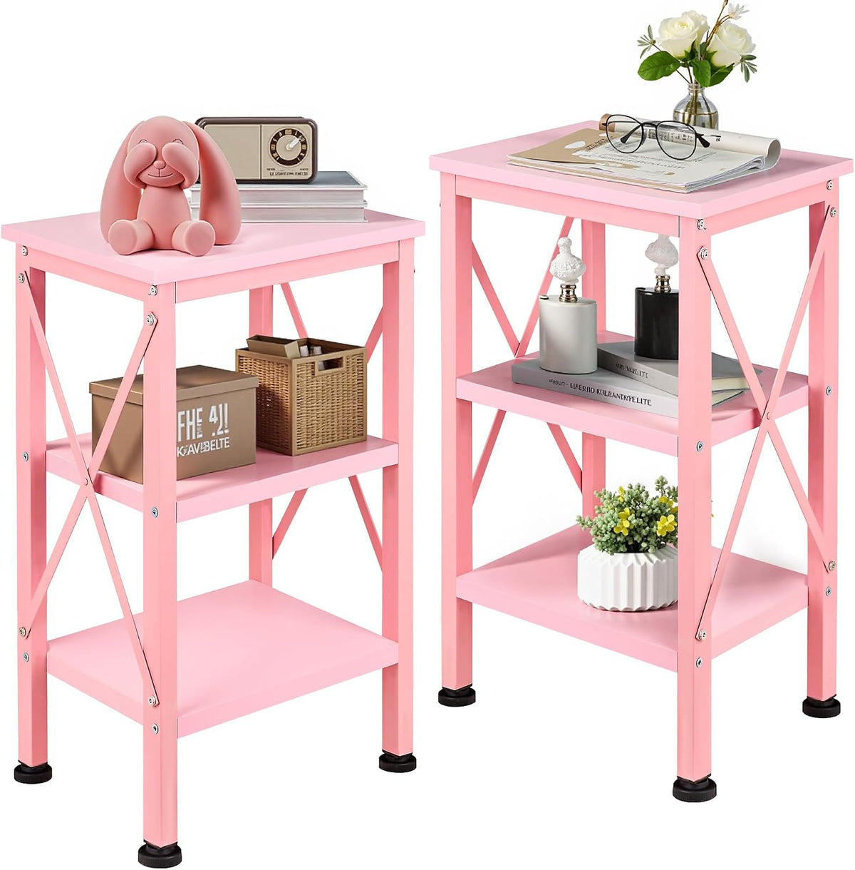 VECELO End Side Table Night Stand Set of 2,X-Design with Storage Shelf for Bedroom,Living Room,Pink