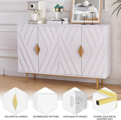 Sideboard Buffet Cabinets with Storage, Accent Storage Cabinets with Fluted Doors, Gold Metal Handle and Legs, Wood Console Table Credenza for Living Room, Entryway, White