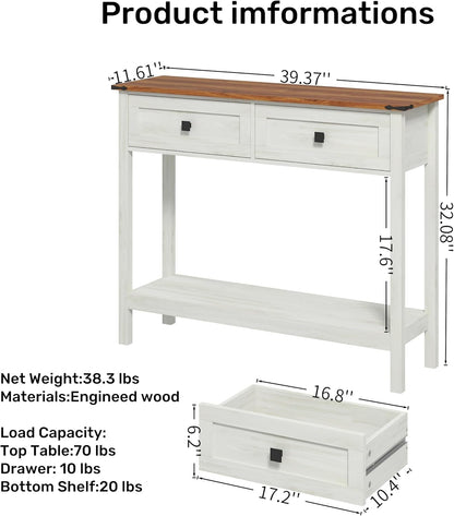 Knocbel Small Console Table with 2 Drawers with Metal Handles, Farmhouse Side Tables with Brown Woodgrain Top and Bottom Shelf for Entryway Living Room, 39.37" W x 11.61" D x 32.08" H, Antique White