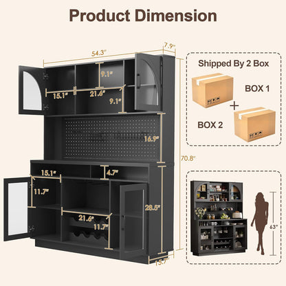 BINGTOO 71" Tall Kitchen Pantry Cabinet with Charging Station, 54" Large Kitchen Hutch with LED Lights & Pegboard, Coffee Bar Cabinet with Wine Rack and Adjustable Shelves (Black, 1 Cabinet)