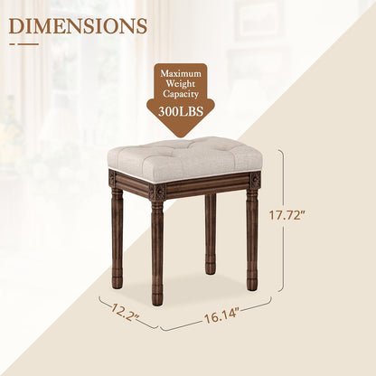 LUE BONA Upholstered Fabric Vanity Bench Seat, Makeup Stools for Vanity, Square Tufted Ottoman Bench with Carved Dark Brown Legs for Bedroom Living Room, Linen Color