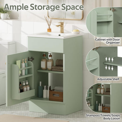 JIVOIT 18" Bathroom Vanity with Ceramic Sink, Vanity Cabinet with Door Shelf& Storage Rack & Adjustable Shelf, Soft Closing Door, Single Vanity Set for Small Bathroom