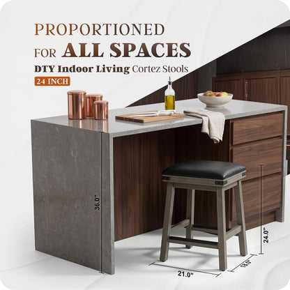 DTY Indoor Living Cortez Bonded Leather Stool, Weathered Gray Finish, 24" Counter Height, Black Leather Seat, Set of 2