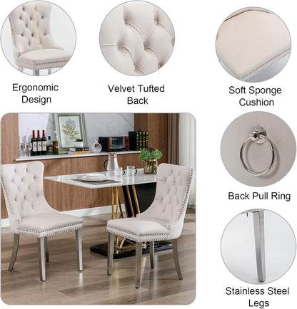 Modern 5 Piece Glass Dining Table Set, 47.2" Round Dining Table Set for 4, Glass Dining Room Kitchen Table with X-Shape Silver Metal Leg & 4pcs Beige Dining Chairs, Modern Circle Glass Dining Set
