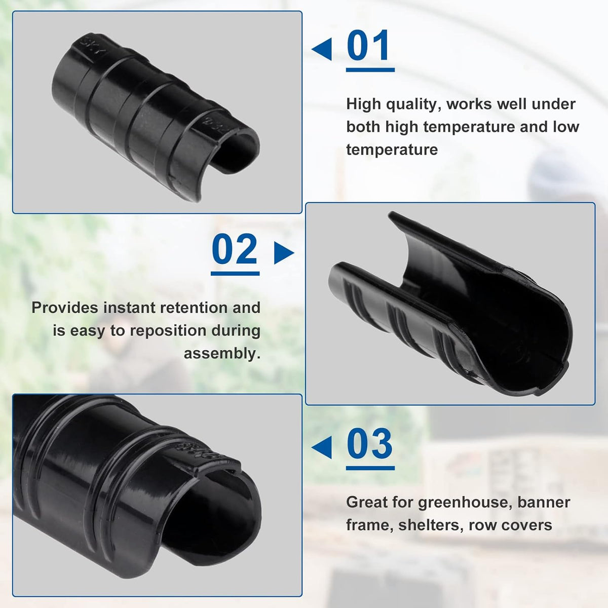 Mtsooning 32mm Greenhouse Frame Pipe Tube, 10 Pcs Plastic Garden Buildings Tube Clip, Black ABS Snap Clamp Tube Film Clip Connector for Sunshade Nets Frame Shelters Season Plant Supplies