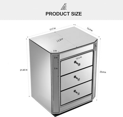 IKIFLY Mirrored Nightstand with 3 Drawers, Silver End Table with Pearl Lines, Accent Side Table for Living Room, Bedroom and Office