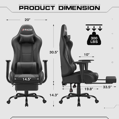 Homall Gaming Chairs, Computer Chair with Footrest and Massage Lumbar Support, Height Adjustable Game Chair with Headrest and Swivel Seat (Black)
