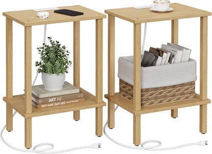 TUTOTAK End Table with Charging Station, Set of 2, Small Side Table with Outlets, Nightstand Bedside Table, 2-Tier Storage Shelf for Small Space, Living Room, Bedroom Natural TB01BN041