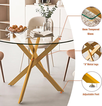 Modern 5-Piece Round Glass Dining Table Set for 4, Modern 47" Gold Glass Dining Room Table Set with Black Velvet Tufted Chairs for Kitchen Dining Room