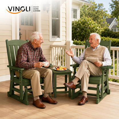 VINGLI Outdoor Glider Chair Wood Patio Glider with Cup Holder, Porch Glider with Smooth Rocking Mechanism, Heavy Duty 600 LBS, Dark Green