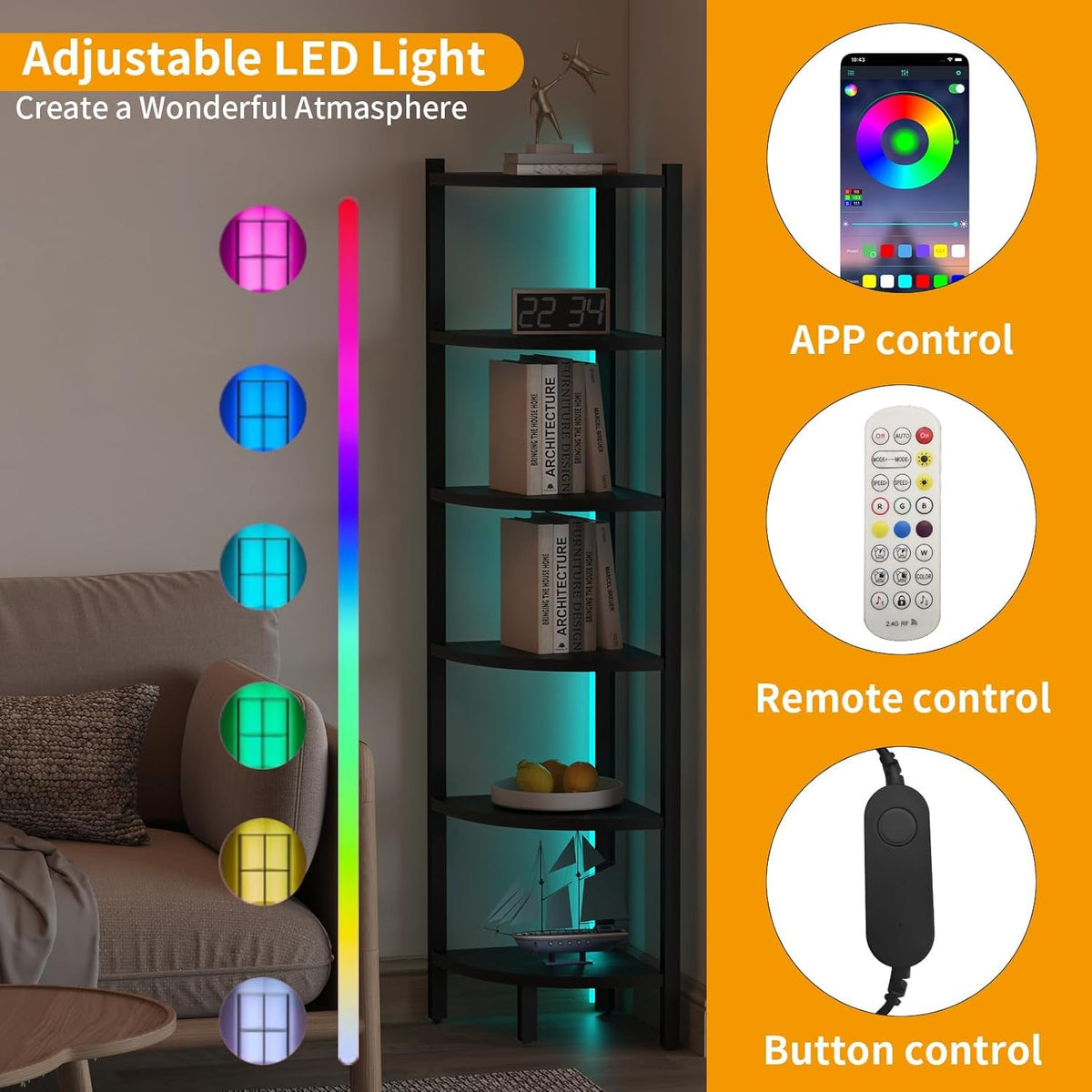 Corner Shelf with LED Lights, 6-Tier Corner Bookshelf, 66'' Organizer Book Shelf Shelves Steel Frame Display Stand with Living Room, Bedroom, Study, Black