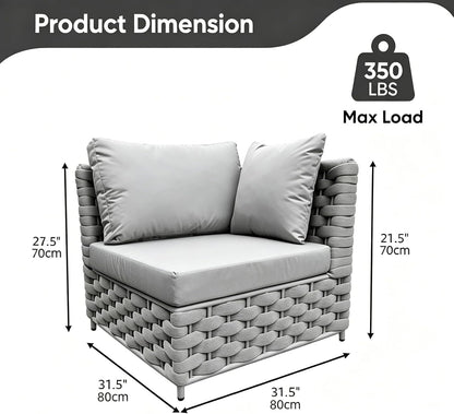 TWT Khaki Gray Left Arm Outdoor Patio Sofa, Modular Woven Rope Sectional Chair with Water-Resistant Cushion & Rust-Proof Frame, for Backyard Balcony Deck