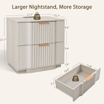 Yechen Fluted Nightstand Set of 2 with Ultra-Fast Charging Station, White | Large Drawers, FSC-Certified Wooden Board, Unique Fluted Profile, Metal Handle, Mid Century Modern Bedside Table for Bedroom