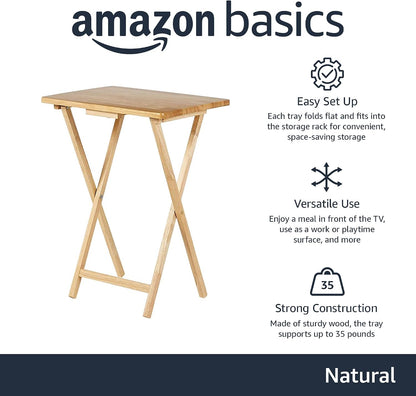 Amazon Basics Classic Foldable TV Dinner Tray Table with Storage Rack, 14.6 L x 19 W x 26 H inch, Natutral, 4-Pack