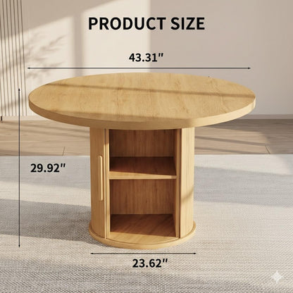 HIPIHOM Round Wooden Dining Table with Storage, 43.3” Wood Tabletop, 2-Piece Semi-Circle Design, Pedestal Base Dining Table for Kitchen & Dining Room, Natural Oak
