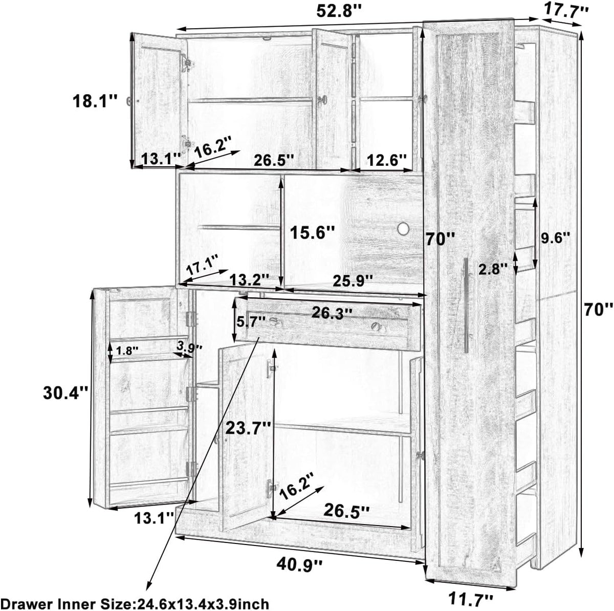 LUMISOL 70" Farmhouse Kitchen Pantry Storage Cabinet with Pull-Out Shelf, Wood Hutch Cabinet with Door Shelves and Drawer, Freestanding Food Hutch with Microwave Stand, Blue
