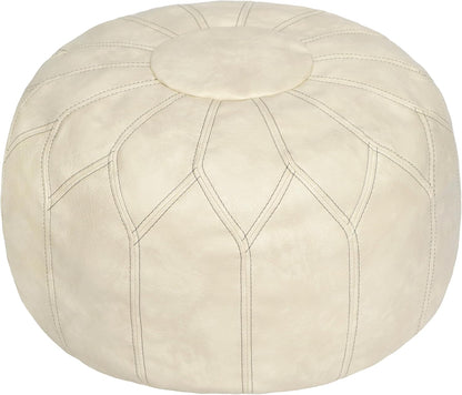 Thgonwid Unstuffed Moroccan Faux Leather Pouf Ottoman Cover with Storage - Boho Chic Multi-Use Footrest for Living Room, Bedroom, Patio - Round Ethnic Floor Cushion & Decorative Accent, Ivory
