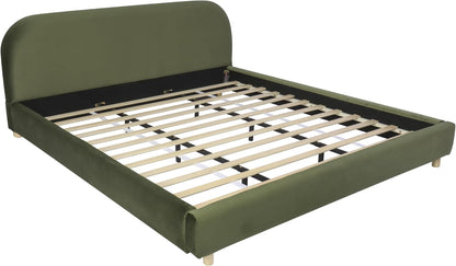 Merax Queen Velvet Fabric Platform Bed with Curved Headboard, Olive Green