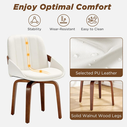 Swivel White Dining Chairs Set of 4, Mid Century Modern Faux Leather Dining Room Chairs with Arms, Upholstered Kitchen Vanity Accent Chair, Walnut Backrest Support & Sturdy Wood Legs