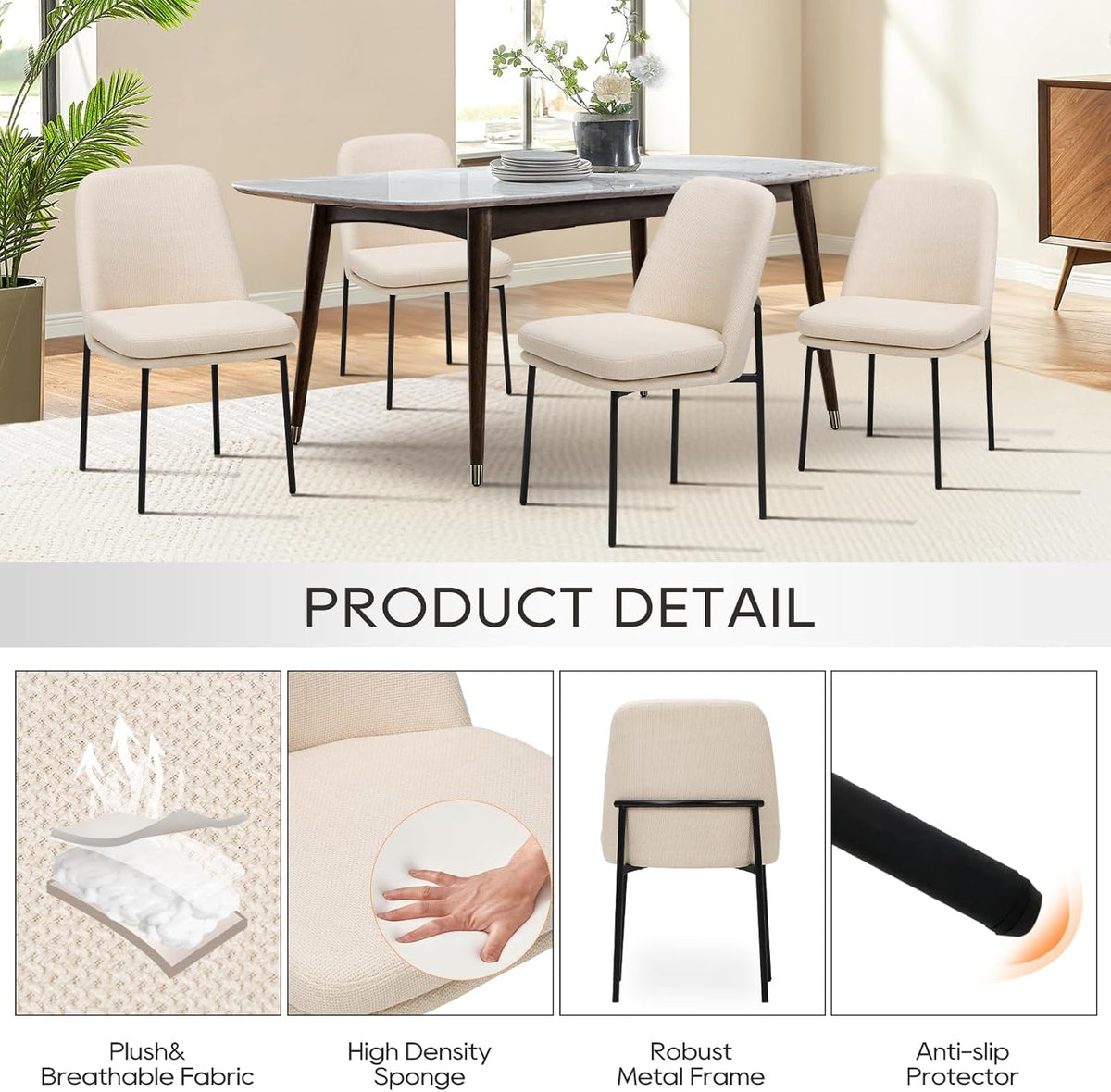 COLAMY Modern Dining Chairs Set of 2, Upholstered Dining Room Chairs Dinner Chair Kitchen Chairs with Curved Back and Metal Legs, Beige