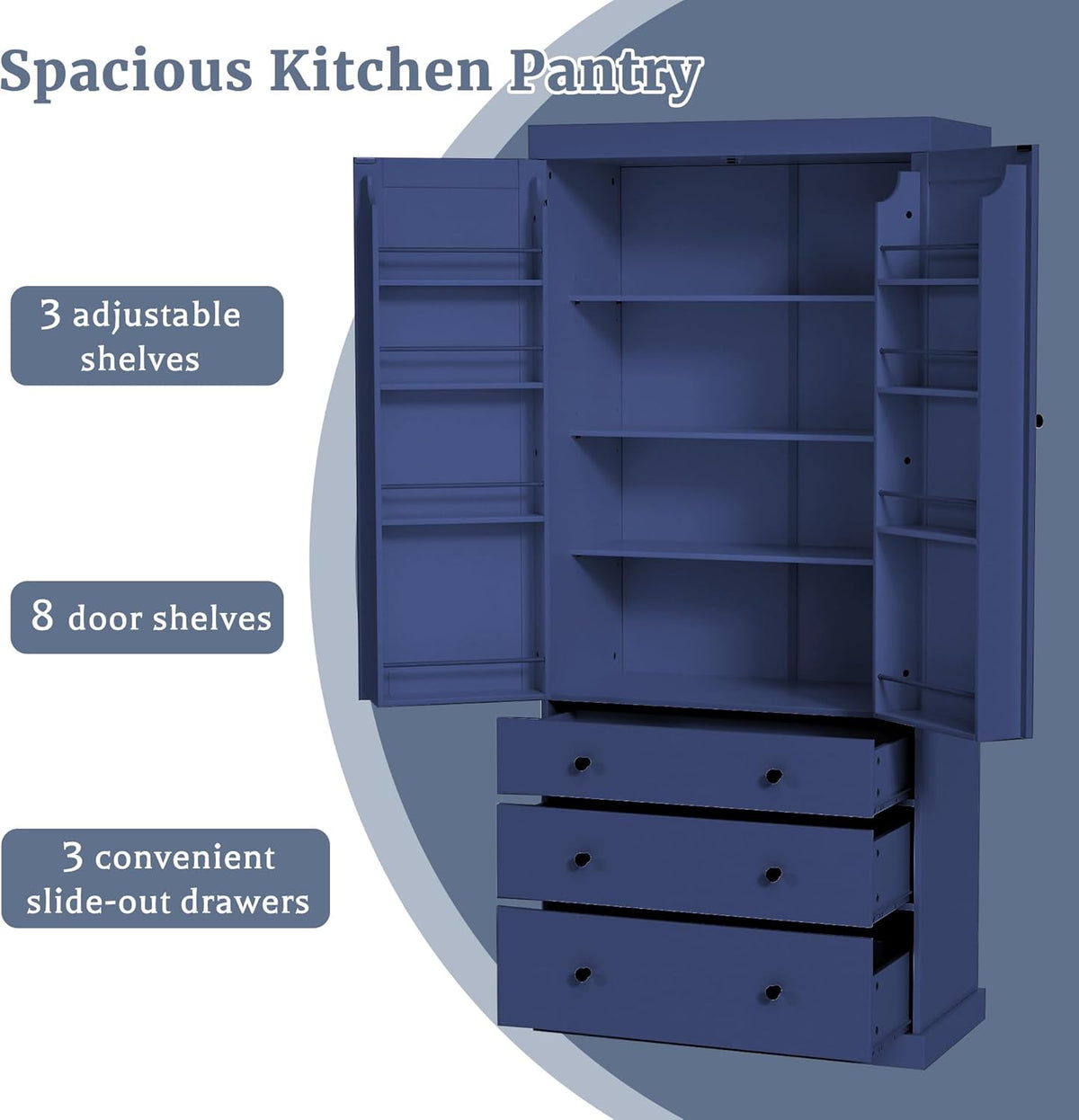 JIJIWANG 77inch Farmhouse Kitchen Pantry Storage Cabinet with Adjustable Shelves and Storage Cabinet,Versatile Cupboard with Door Shelves and Drawers,for Kitchen,Dining Room,Blue