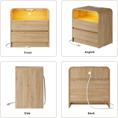 23"W 2 Drawer Nightstand with Charging Station and RGB LED Light | Curved Profile, Natural Oak, Handleless, Bedroom, FSC-Certified Wood, Modern, Open Shelf, Night Stand, End Table