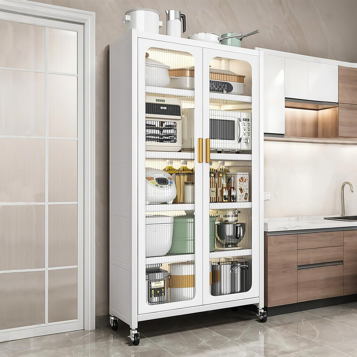 65" Metal Kitchen Cabinet with Transparent Doors, 6-Tier Rolling Pantry Cabinet on Wheels - Sturdy Adjustable Shelves, Mobile Storage Buffet Cabinet for Kitchen, Living Room, Dining Room(White)